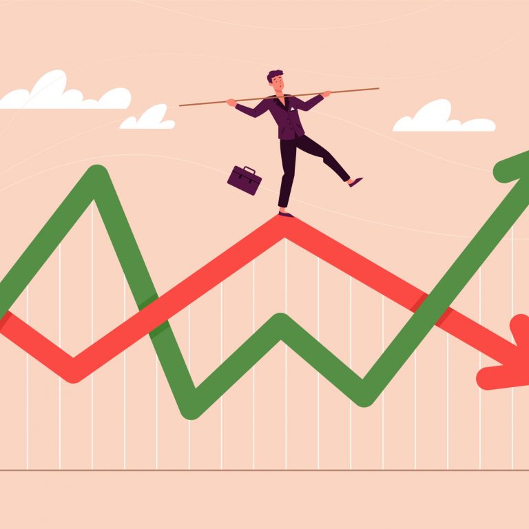 Financial investment volatility, up and down arrows profit graph due to Coronavirus crisis, businessman trying to balance like a tightrope walker so that volatility does not gobble up his investments