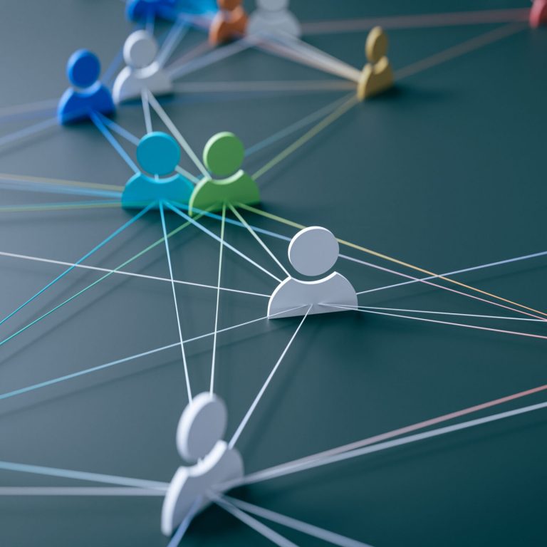 A concept that expresses the hyper-connected society of modern society by connecting people icons with lines, 3d rendering.