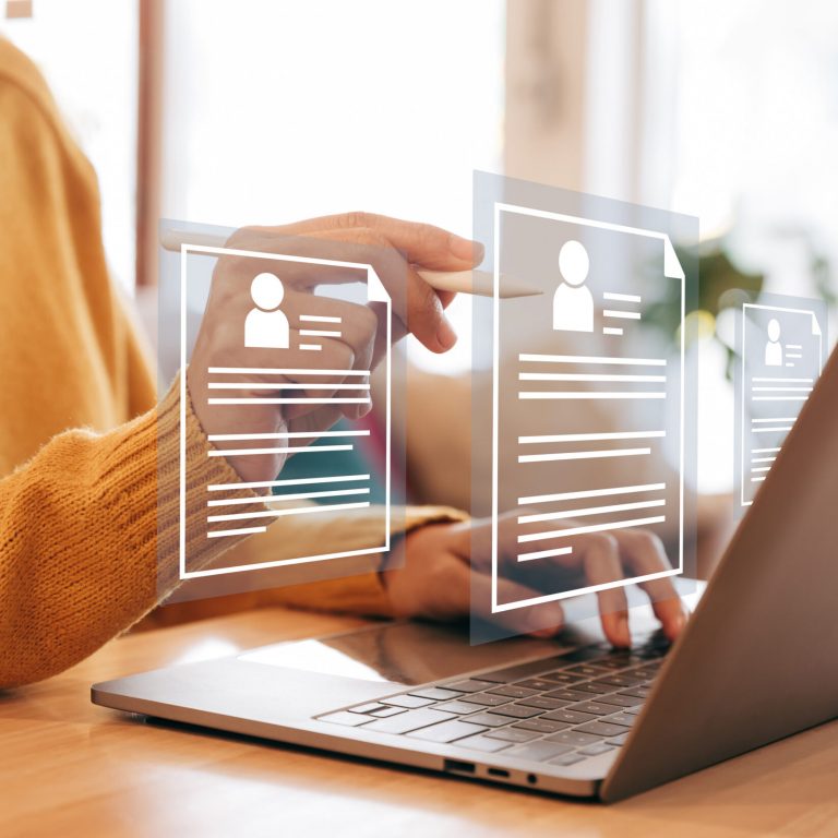 Human resource manager looking at many different cv resume and choosing perfect person to hire. Employment,recruitment, HR concept.